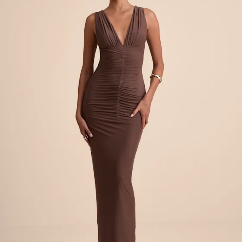 Lulu's Aveline Brown Jersey Knit Ruched Bodycon Maxi Dress